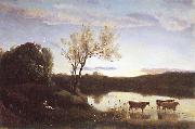 Jean Baptiste Camille  Corot L'Etang aux trois Vaches et au Croissant de Lune oil